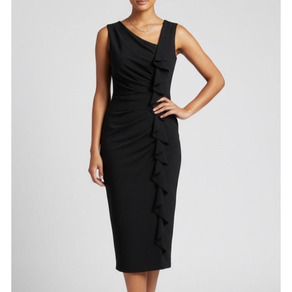 NWT EnFocus Studio LITTLE BLACK DRESS Slinky Knit ASYMMETRIC Draped Ruffle SZ 4
